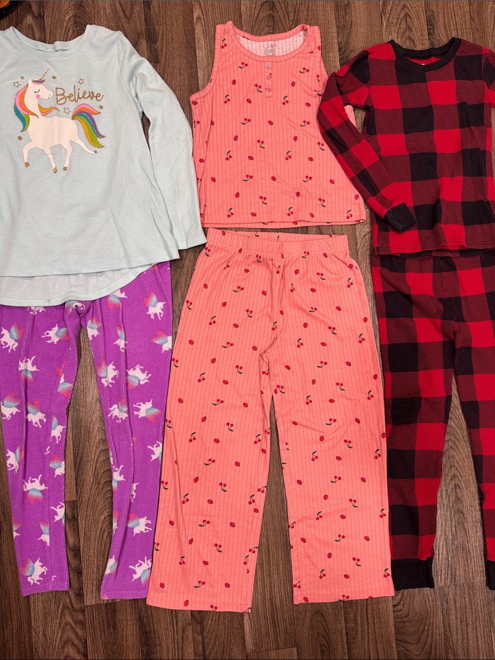 Set of 3 Size 8 Girls' Pajamas - Unicorn, Cherry, Holiday Plaid